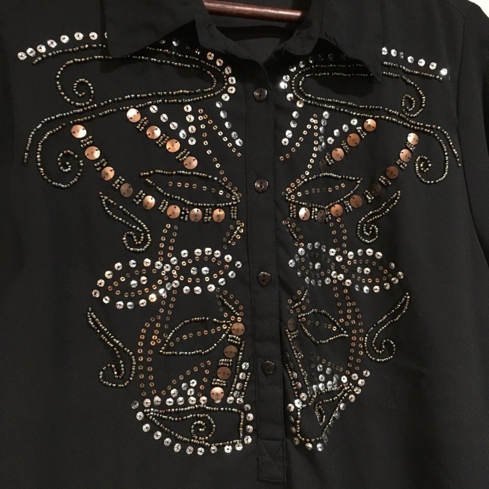 Beaded Sequin Sheer Tunic Blouse Womens 14 Black Long Sleeve Boho Chic Western - Picture 2 of 10